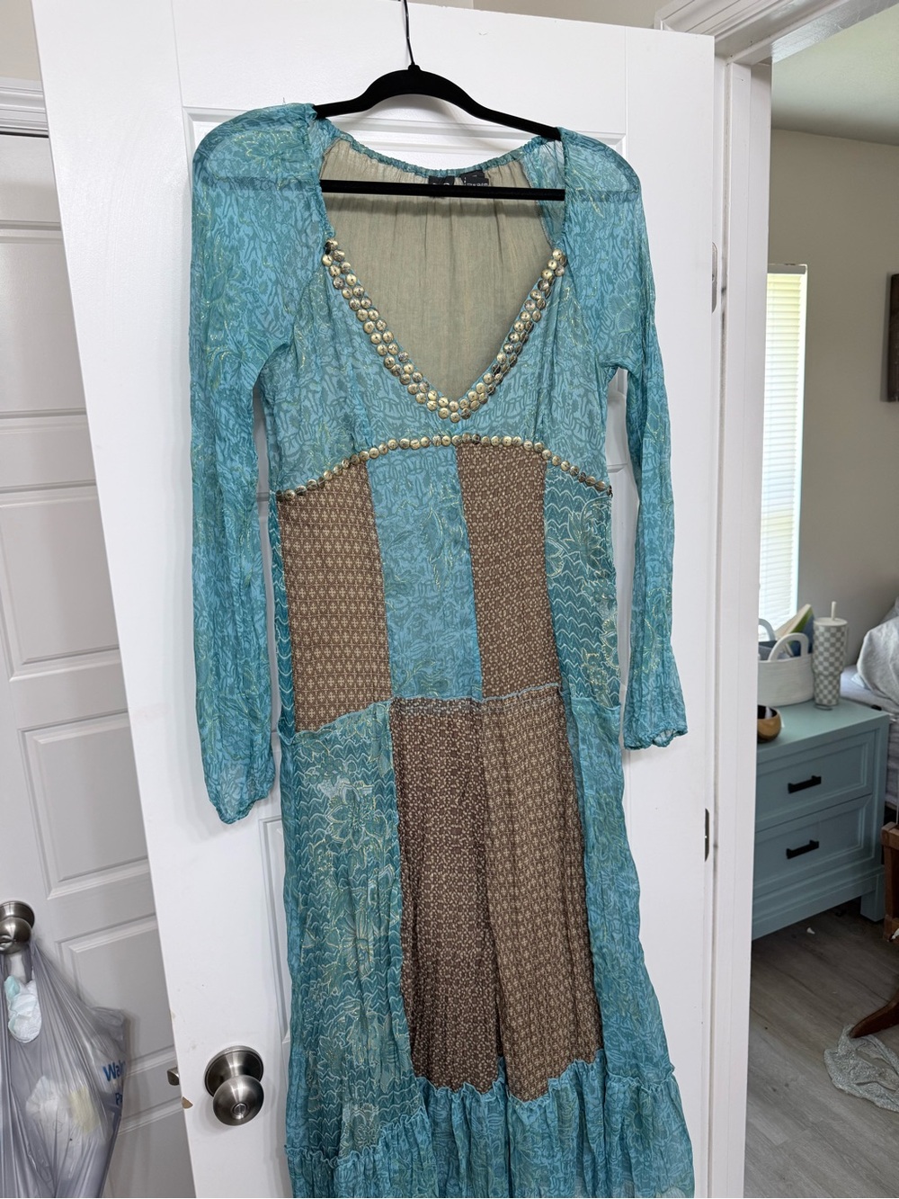 TC Teal and Brown Long Sleeve Patchwork Maxi Dress